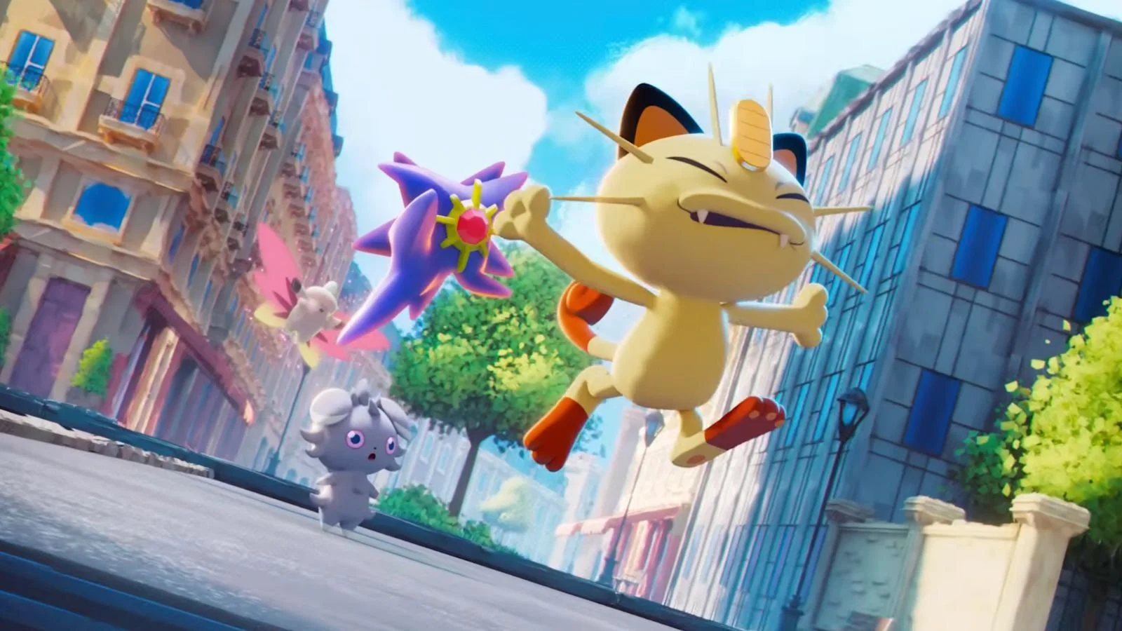 Animated scene with a cheerful, running cat-like creature holding a star-shaped object, accompanied by flying creatures in a vibrant city street with colorful buildings and trees.