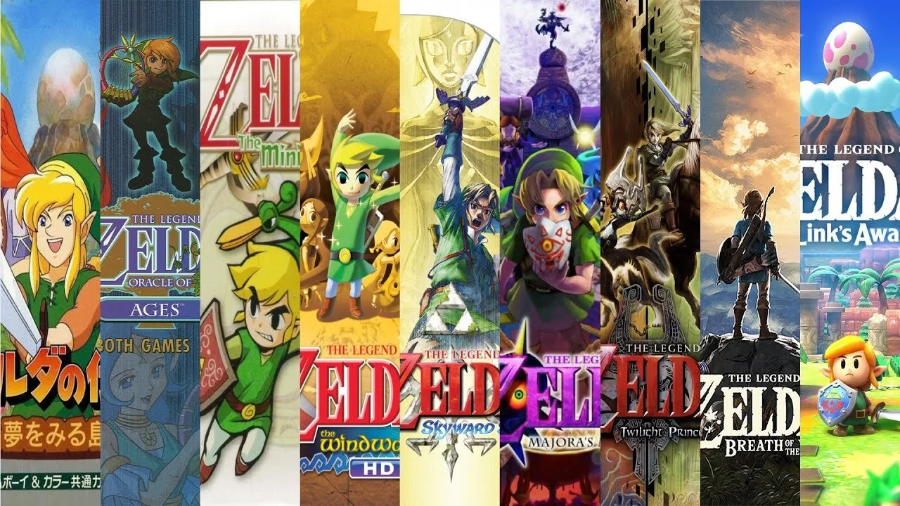 Collage of covers from various "The Legend of Zelda" video games featuring characters like Link and Zelda, and scenes of fantasy landscapes and adventures.