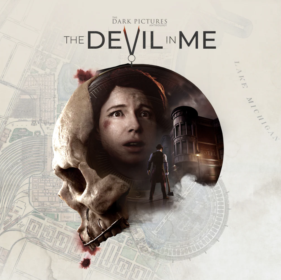 Poster for 'The Dark Pictures Anthology: The Devil in Me' featuring a large human skull, a woman's face inside the skull with a scared expression, and a silhouette of a man holding an axe standing in front of a dark hotel building. Background shows a faint map of Lake Michigan.