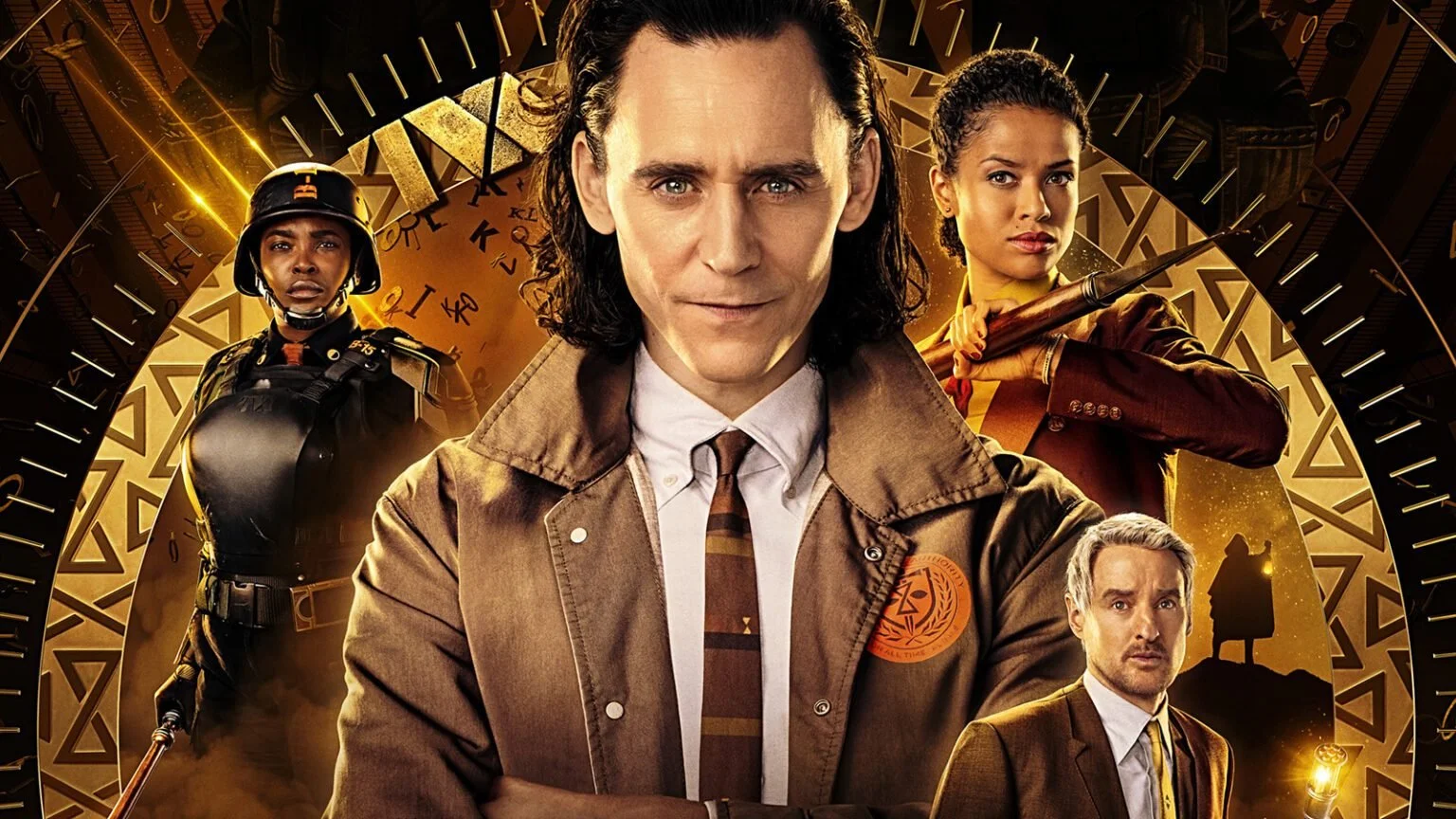 A promotional poster for the TV series 'Loki' featuring five main characters against a gold and black background with a clock and mystical symbols.