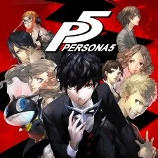 Promotional graphic for the video game Persona 5, featuring multiple animated characters with a red and black background and the logo 'P 5 Persona 5' at the top.