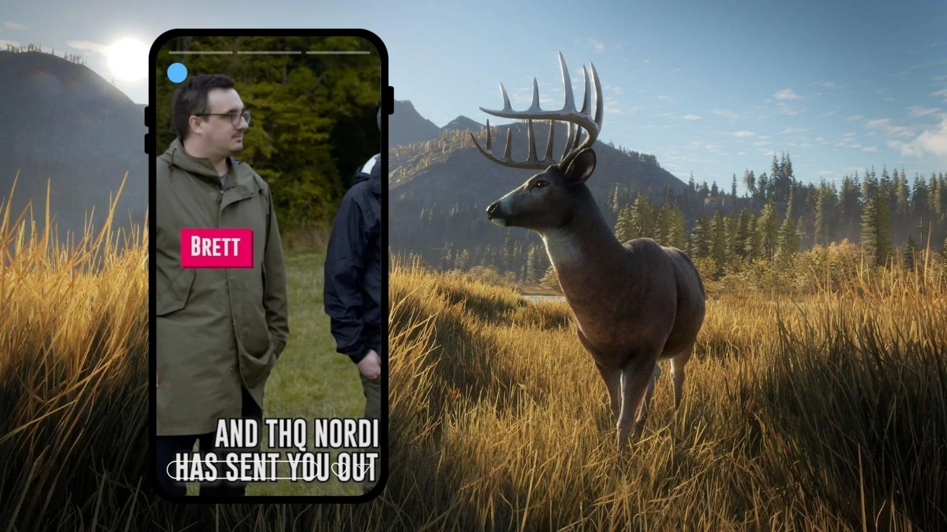 A scene from a nature documentary showing a deer with large antlers standing in tall grass with mountains and trees in the background. An overlay of a smartphone screen with a photo of a person labeled 'BRETT' and text that reads 'AND THE NORDIC HAS SENT YOU OUT.'