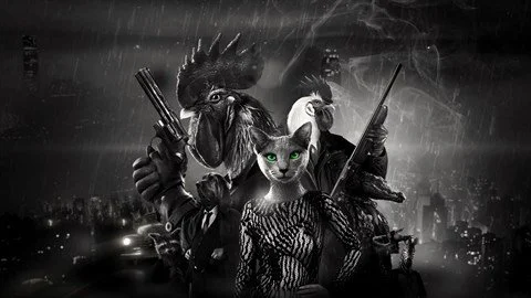 A humanoid rooster with a mohawk, holding a gun, standing behind a black cat with green eyes, in a dark cityscape setting.
