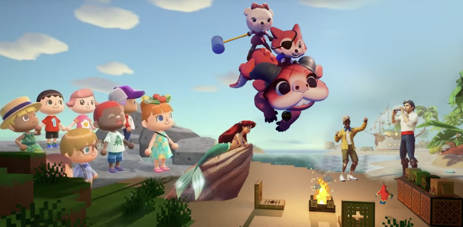 Animated scene featuring multiple children watching a flying scene with characters from Animal Crossing, including a cat, a fox, and a pig, near a beach with a boat and a campfire.