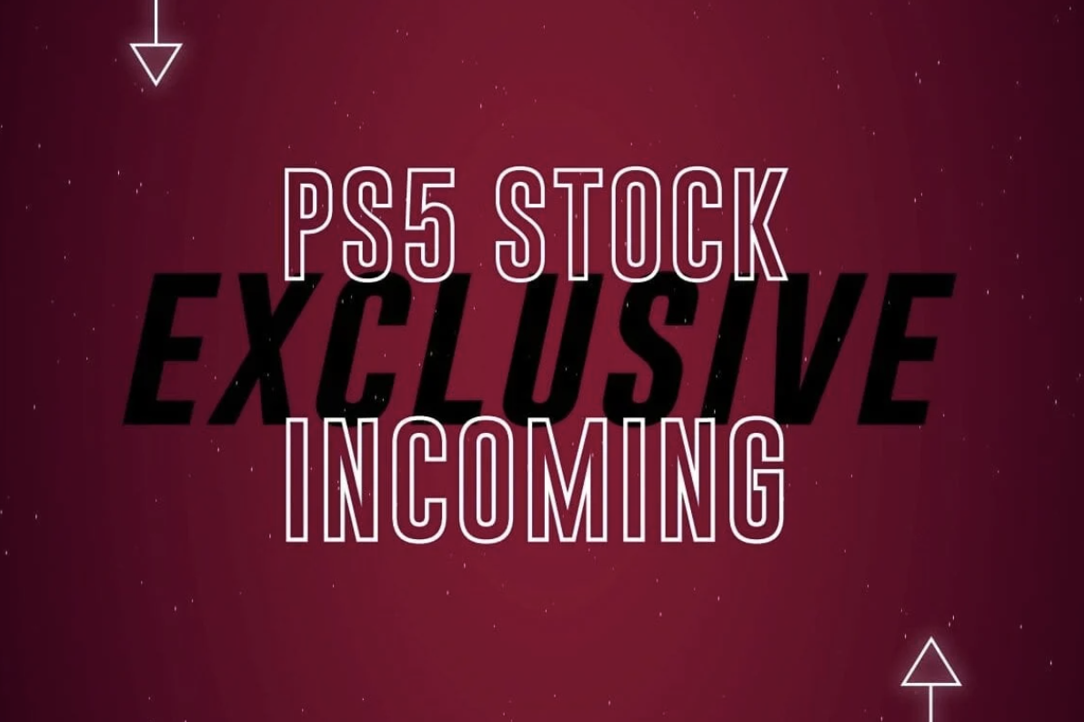 Announcement about PS5 stock arriving soon with bold and colorful text on a space-themed background.