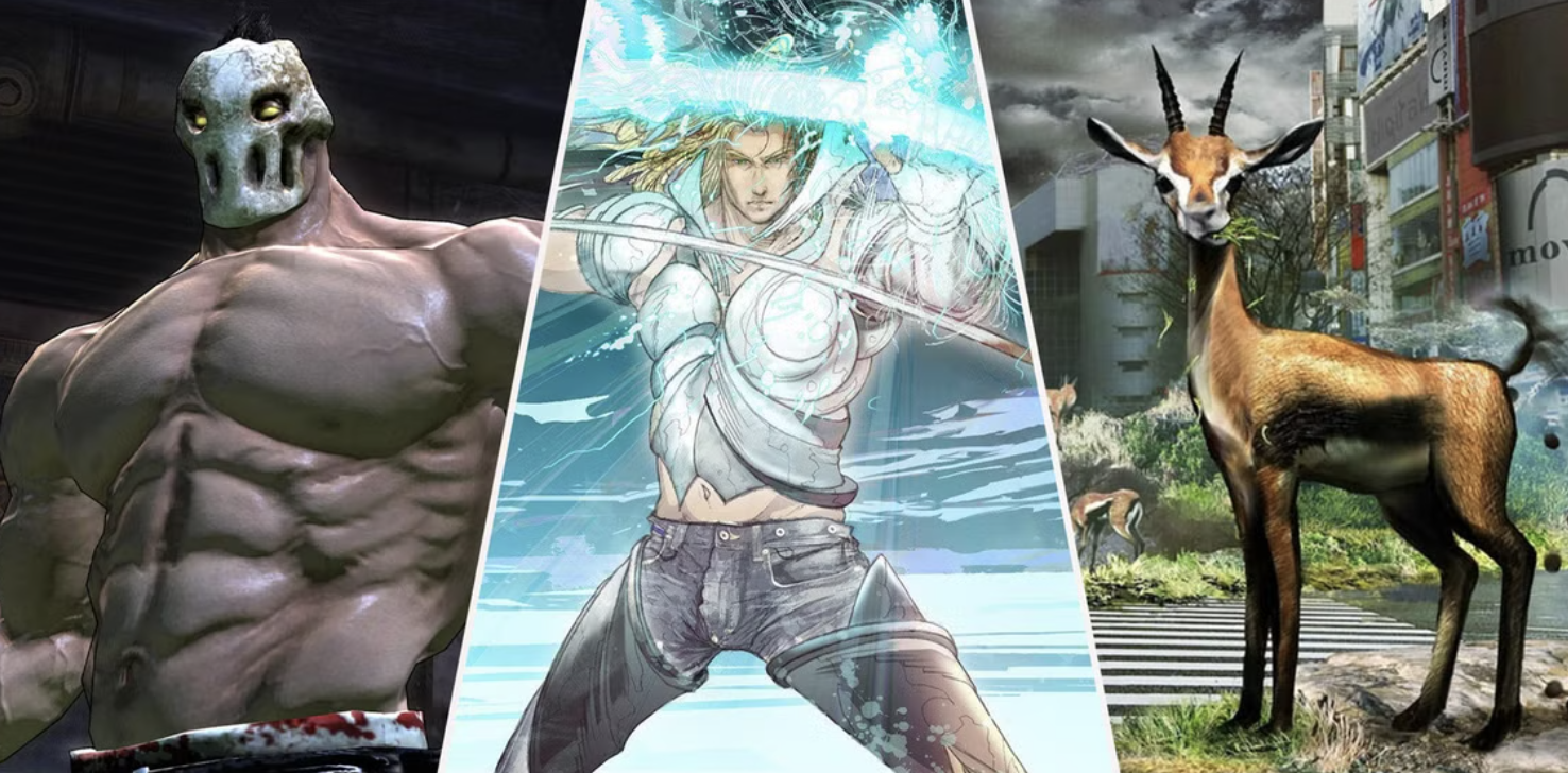 A collage of three different characters: a muscular humanoid creature with a dinosaur skull mask on the left, a female fantasy warrior with long blonde hair in the middle, and a deer with an antelope in the background on the right.
