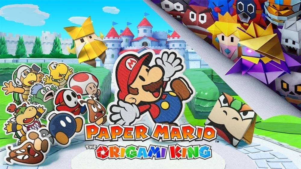 Colorful folded paper characters from the video game Paper Mario: The Origami King, with a castle background.