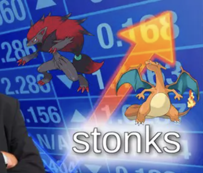 Animated cartoon of two Pokémon characters, Zangoose on the left and Charizard on the right, against a backdrop of stock market or betting odds with a large upward arrow and the word "stonks" below.