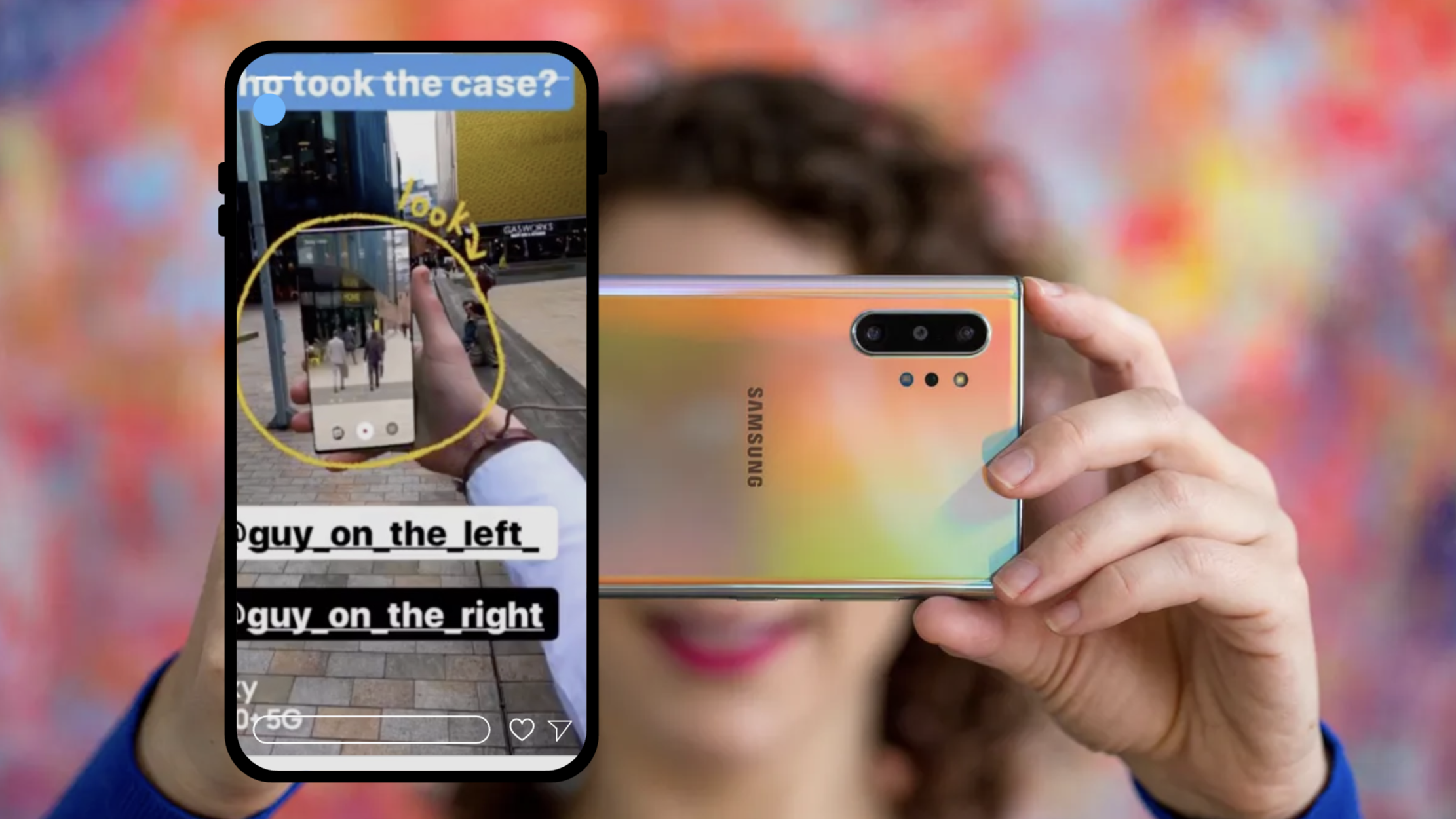 A woman holding a Samsung smartphone capturing a photo of a person on the street. The phone screen shows a divided view of two people, labeled 'guy_on_the_left' and 'guy_on_the_right'. The background is blurred with colorful abstract patterns.