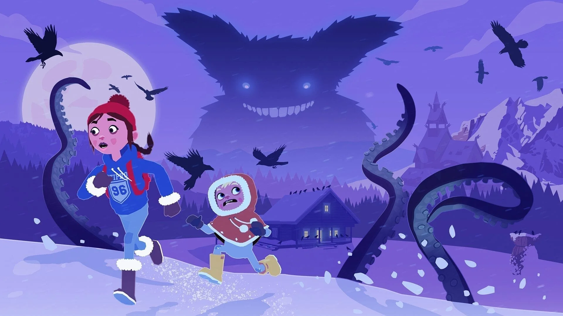 Two children running through snow in a dark, purple-hued winter landscape with mountains, a spooky house, and a giant, menacing shadowy creature with glowing eyes and a wide toothy grin. There are flying crows, a large shadowy monster in the sky, and twisted trees, creating a spooky scene.