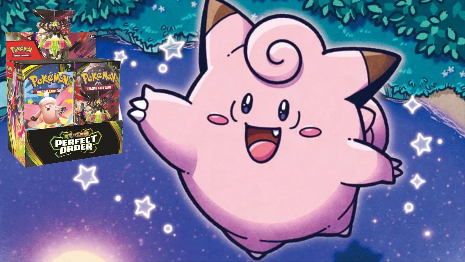 A cartoon image of Jigglypuff, a pink Pokémon, smiling and waving with sparkles and stars around it, against a starry night background. There are Pokémon trading card game booster pack boxes in the upper left corner.