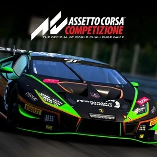 Racing car on a track with Assetto Corsa Competizione logo at the top