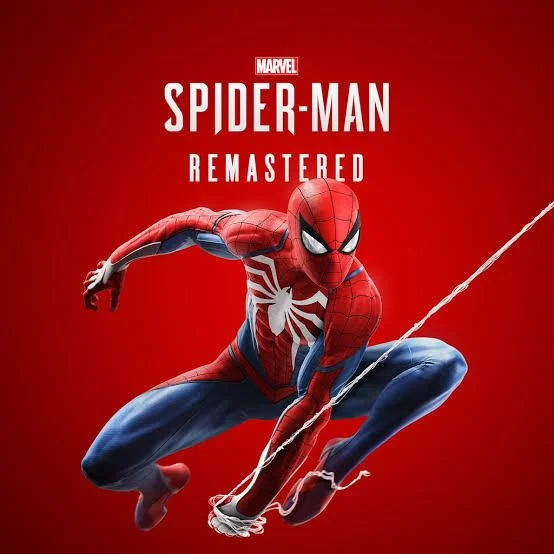 Cover art for Marvel's Spider-Man Remastered video game featuring Spider-Man in his red and blue suit, crouching on a red background with white web lines, and the title at the top.