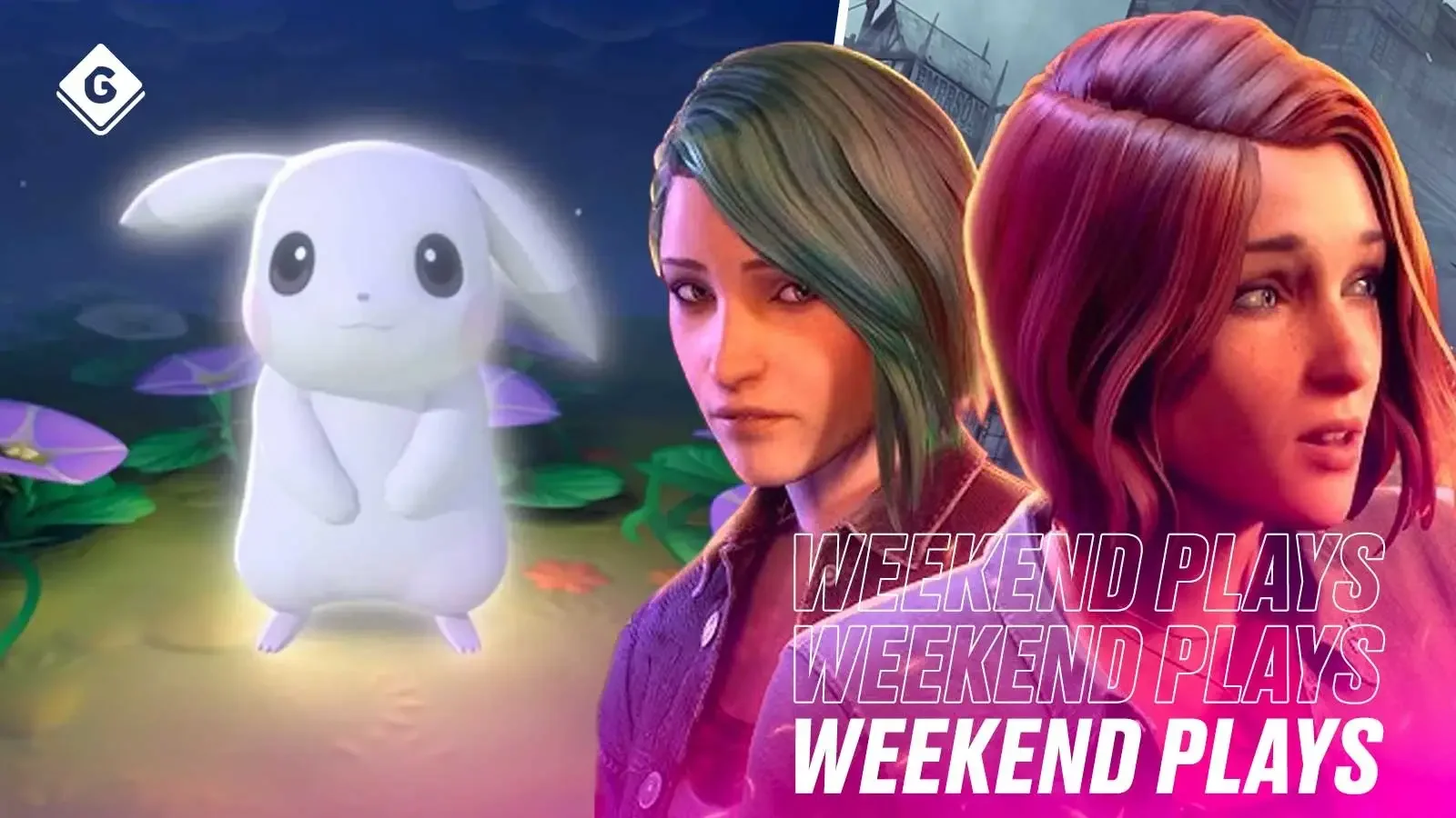 Digital collage featuring a cartoon rabbit-like character with glowing white fur, large black eyes, and a small mouth on the left, and two women with colorful hair and serious expressions on the right, with the repeated text "WEEKEND PLAYS" in pink and white.