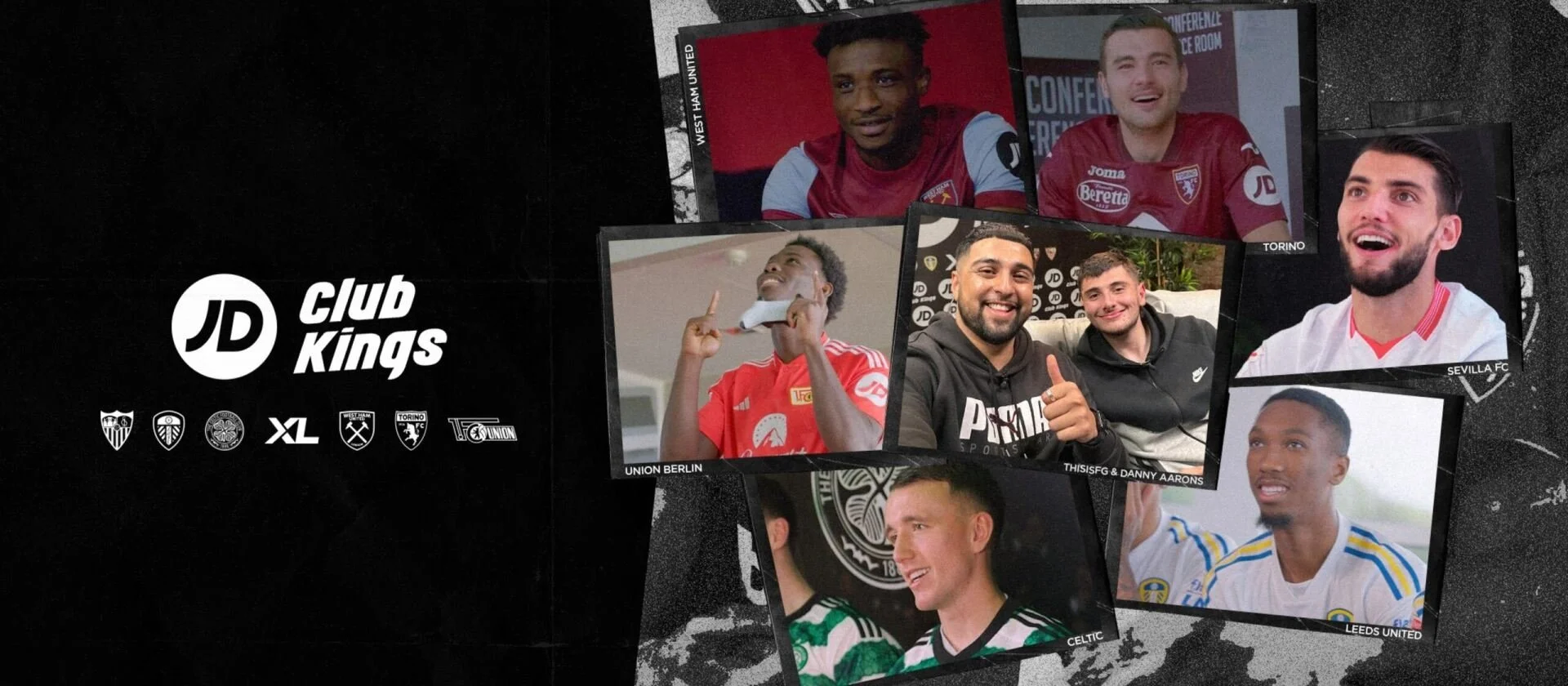 Photographs of soccer players and fans with JD Club Kings logo and team logos, on a black background.