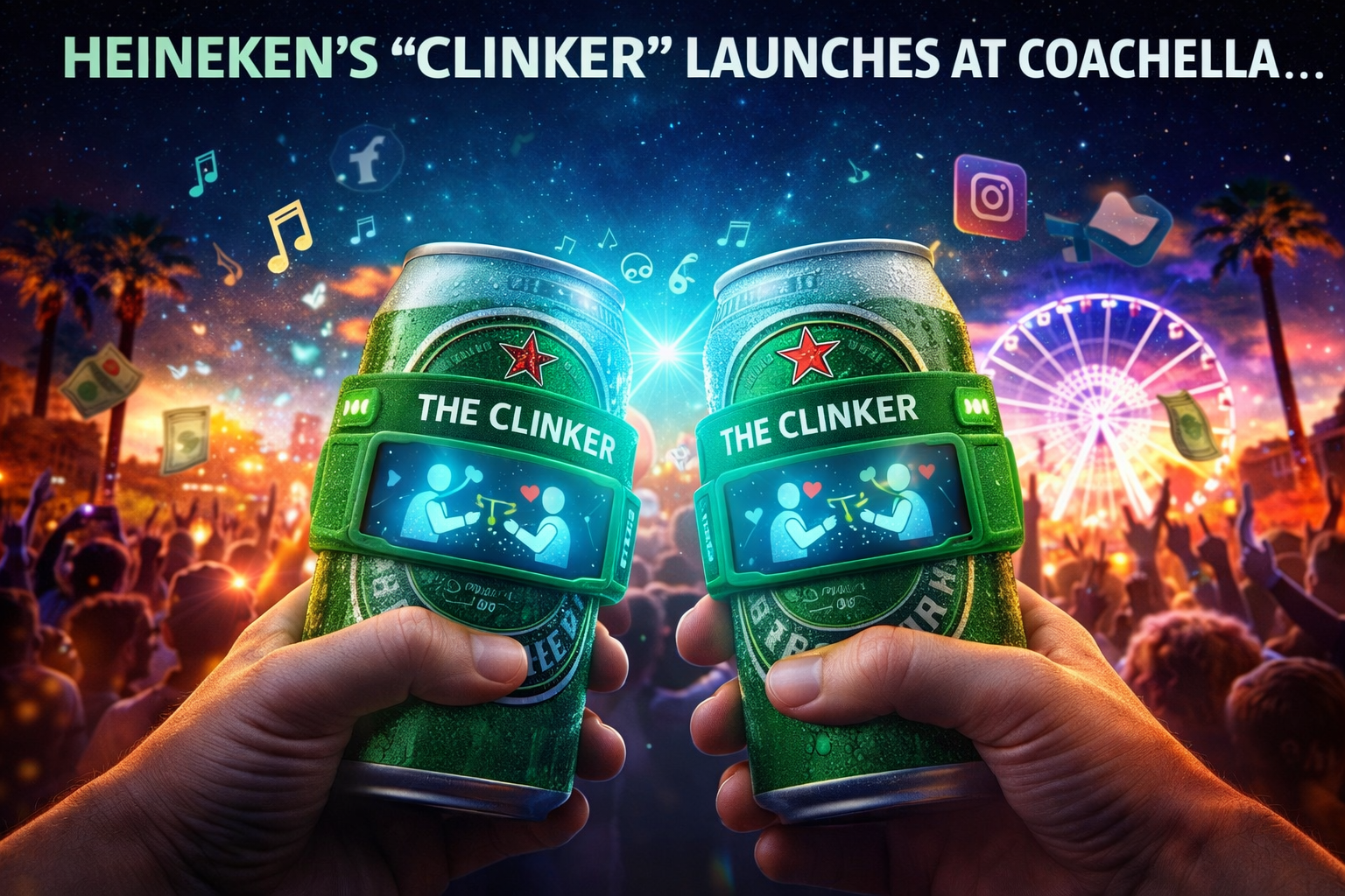 Two hands holding green cans with digital wristbands that read "The Clinker," set against a festive outdoor concert scene at dusk with a Ferris wheel, palm trees, a crowd, floating money, music notes, social media icons, and a bright sunset.