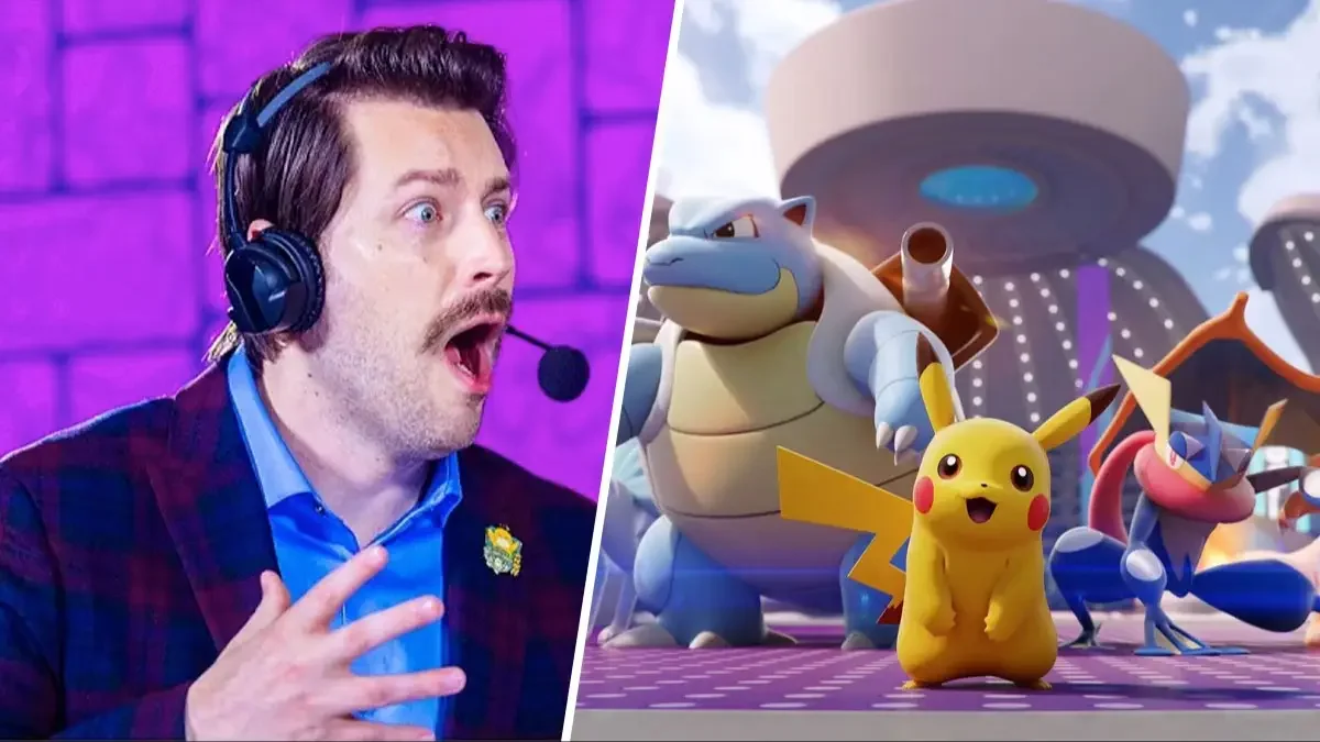 A split image with a man speaking into a headset on the left and a group of Pokémon characters, including Pikachu, Blastoise, Garchomp, and Dragapult, on the right.