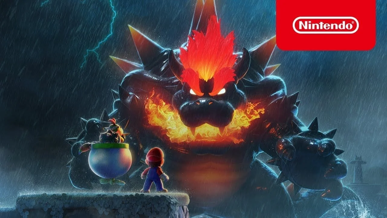 Mario stands on a rock in front of a giant fiery Bowser during a thunderstorm, with rain falling and lightning in the background.