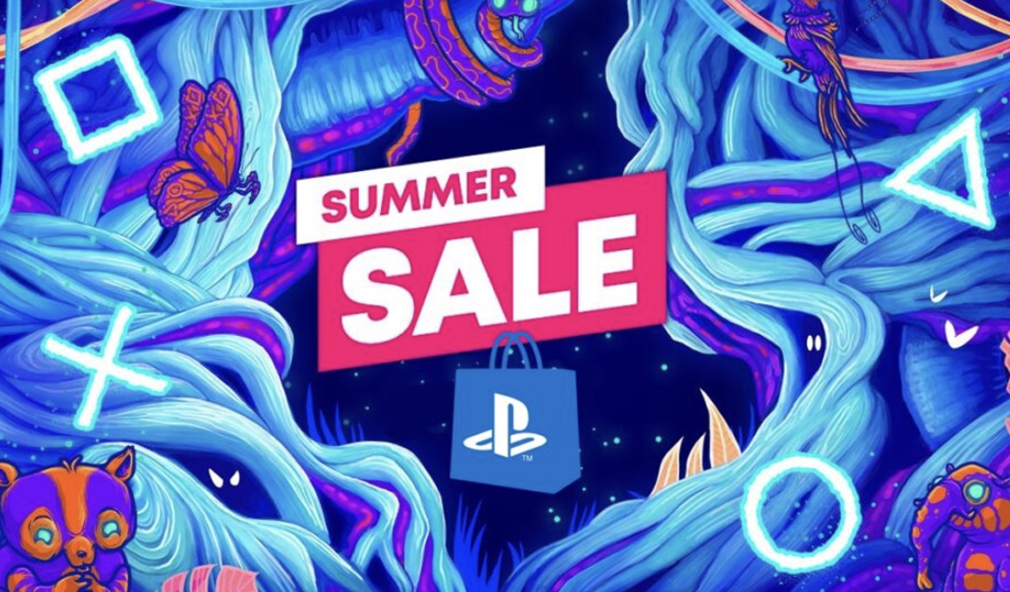Bright, colorful illustration promoting a summer sale with a PlayStation logo, surrounded by neon-style trees, butterflies, a bird, a tiger, and geometric shapes.