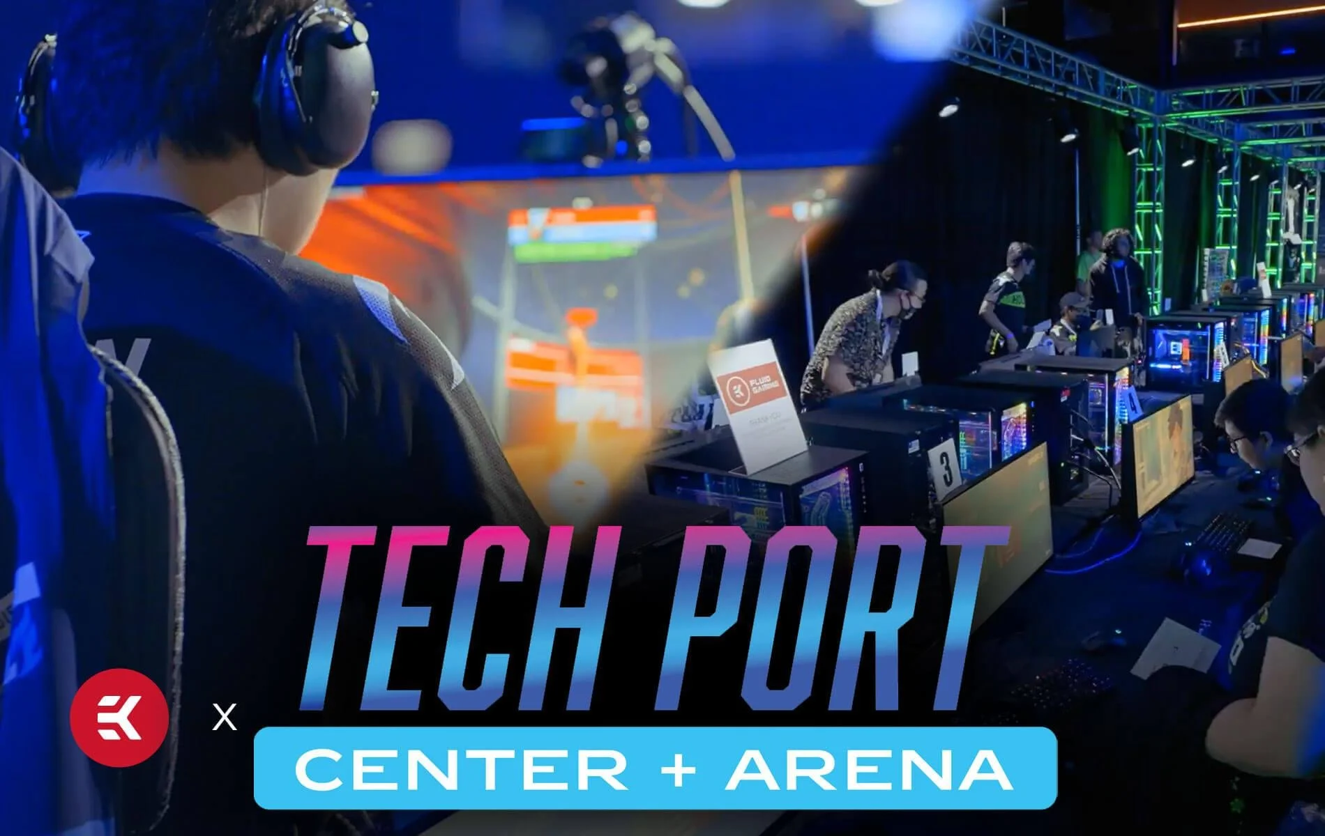 A group of people with gaming equipment at a technology event, with gaming computers and monitors on a long table, and a colorful background with lighting effects. The text overlay reads 'TECH PORT CENTER + ARENA' with a red logo.