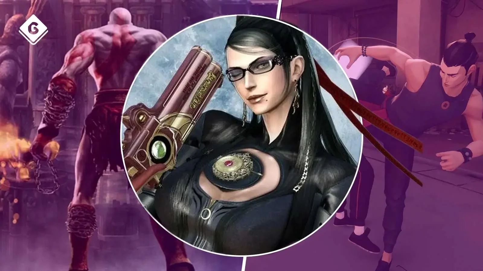 A digital collage featuring two gaming characters in action. A large, muscular figure with chains and flames on his legs on the left, and a female character with glasses, dark hair, and a gun on the right. The woman is in front of a circular frame centered over the other characters.