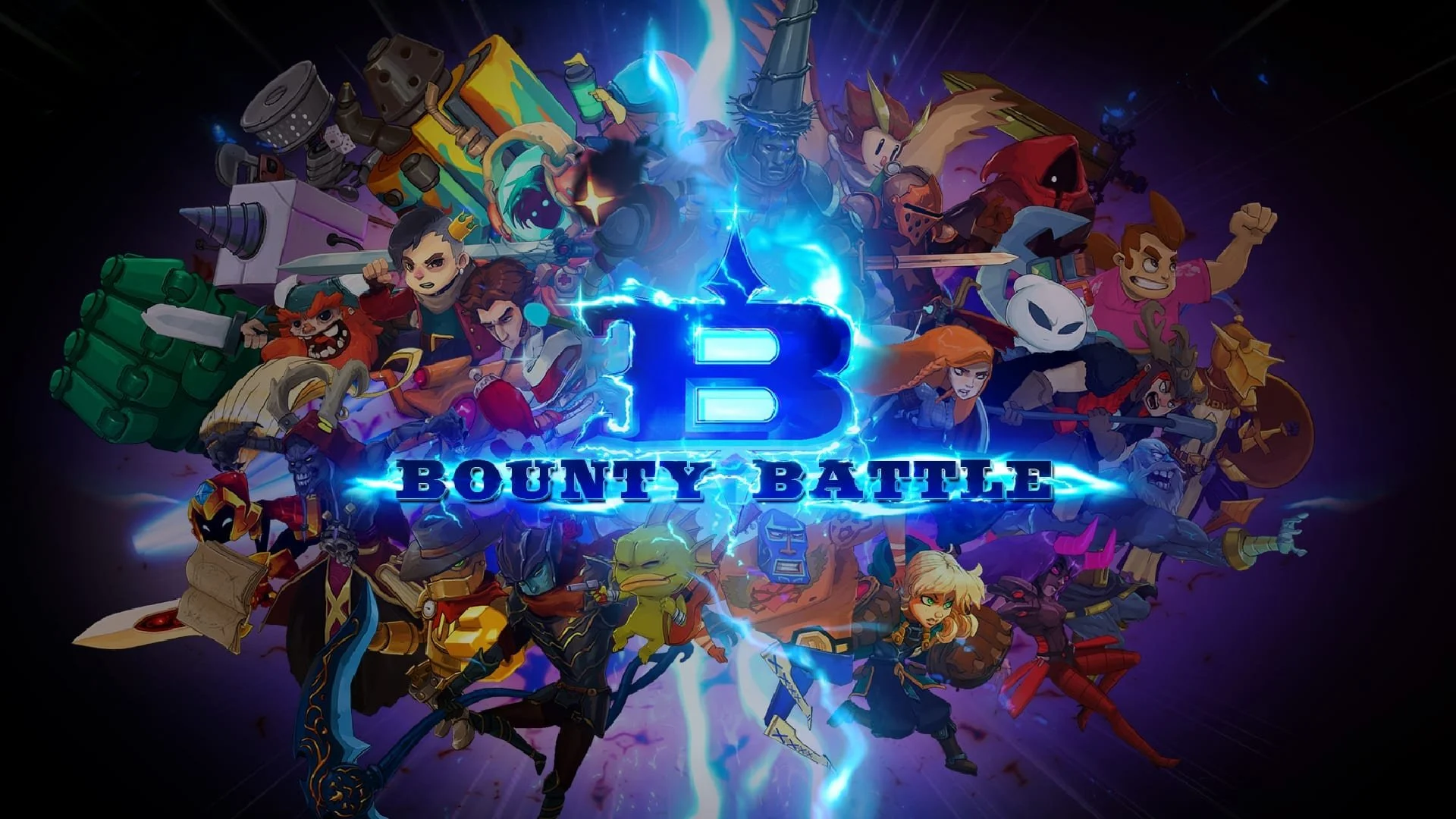Colorful digital illustration featuring various cartoon characters with a glowing blue lightning effect, centered around the title 'Bounty Battle'.