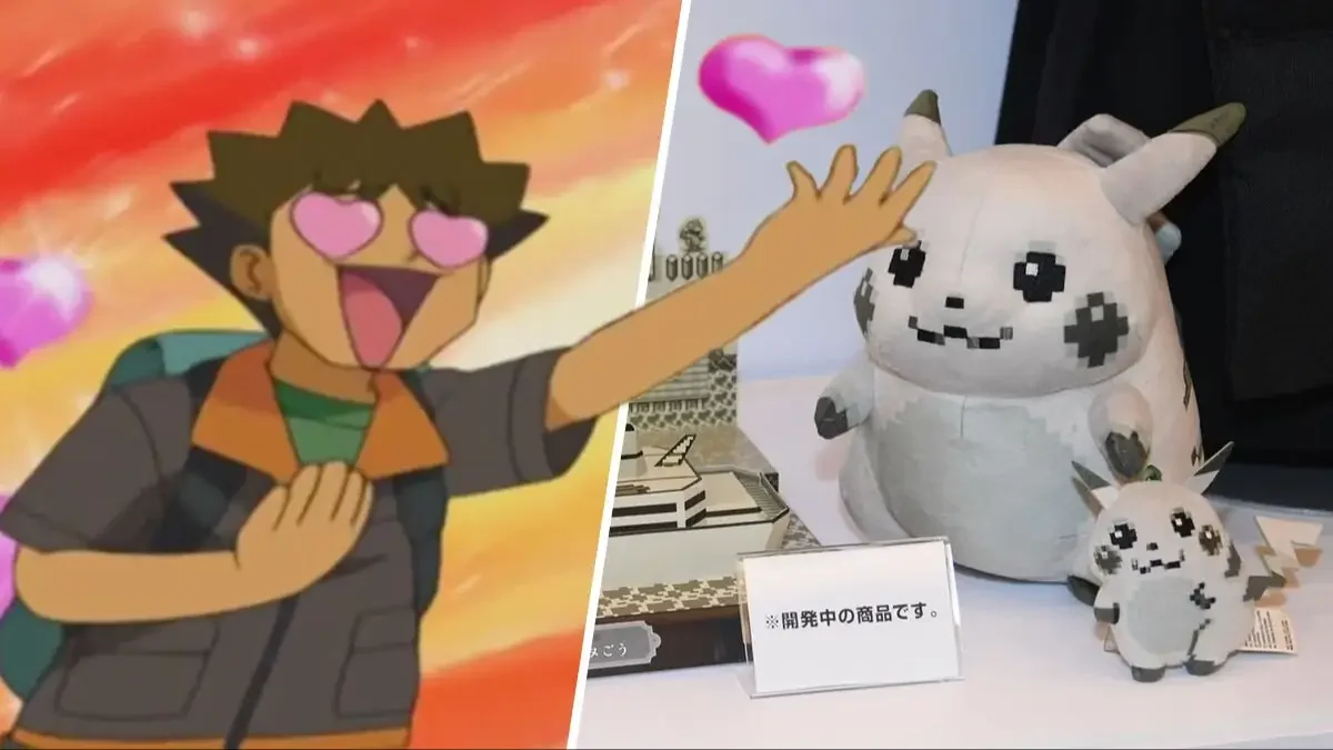 A split image with a cartoon character on the left and pixel art plush toys on the right. The cartoon character has spiky hair and is smiling with heart-shaped eyes, reaching out with a happy expression. The plush toys include a large, pixelated, round creature with horns, and a smaller plush resembling the same creature, all with pixel art faces.