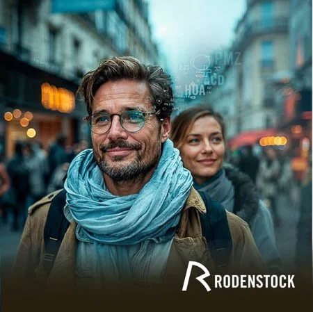 A man with glasses and a beard in a city street, with a woman behind him, both smiling. The background shows a busy urban environment with storefronts and lights.