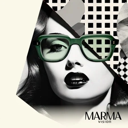 A black and white stylized portrait of a woman wearing large, green glasses with geometric black and white background patterns.