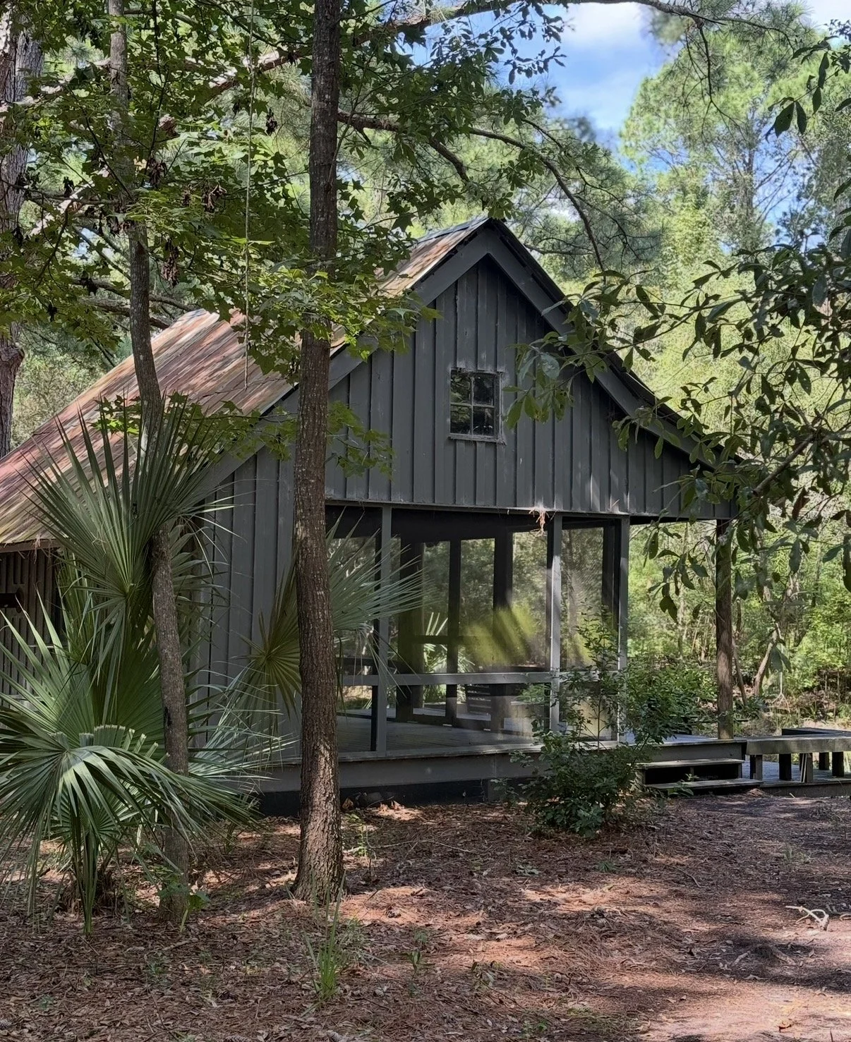 A small gray wooden cabin with a metal roof in a wooded area surrounded by trees and greenery, with a screened porch and wooden stairs.