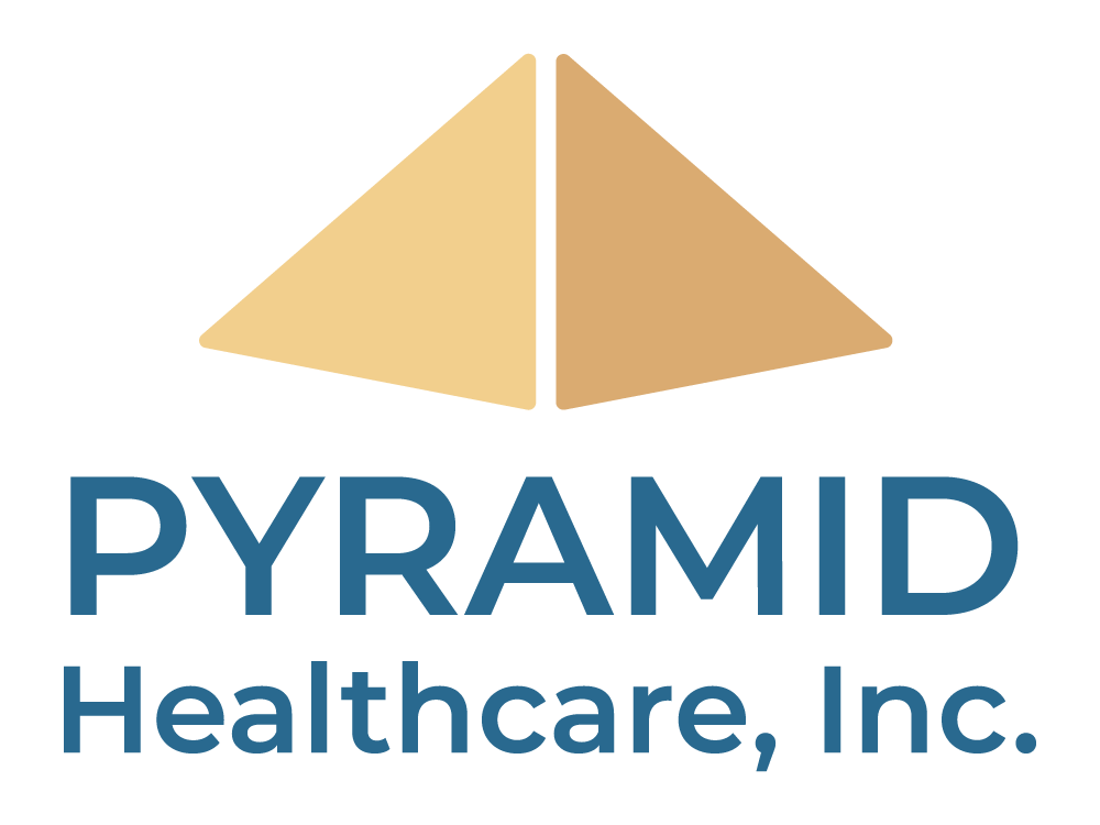 Logo for Pyramid Healthcare, Inc. featuring a stylized golden pyramid and company name in blue text.