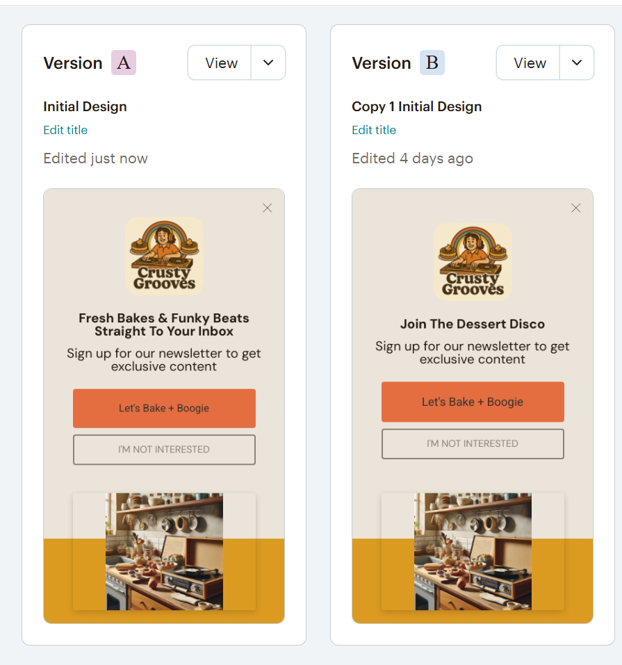 Email popup AB Mailchimp