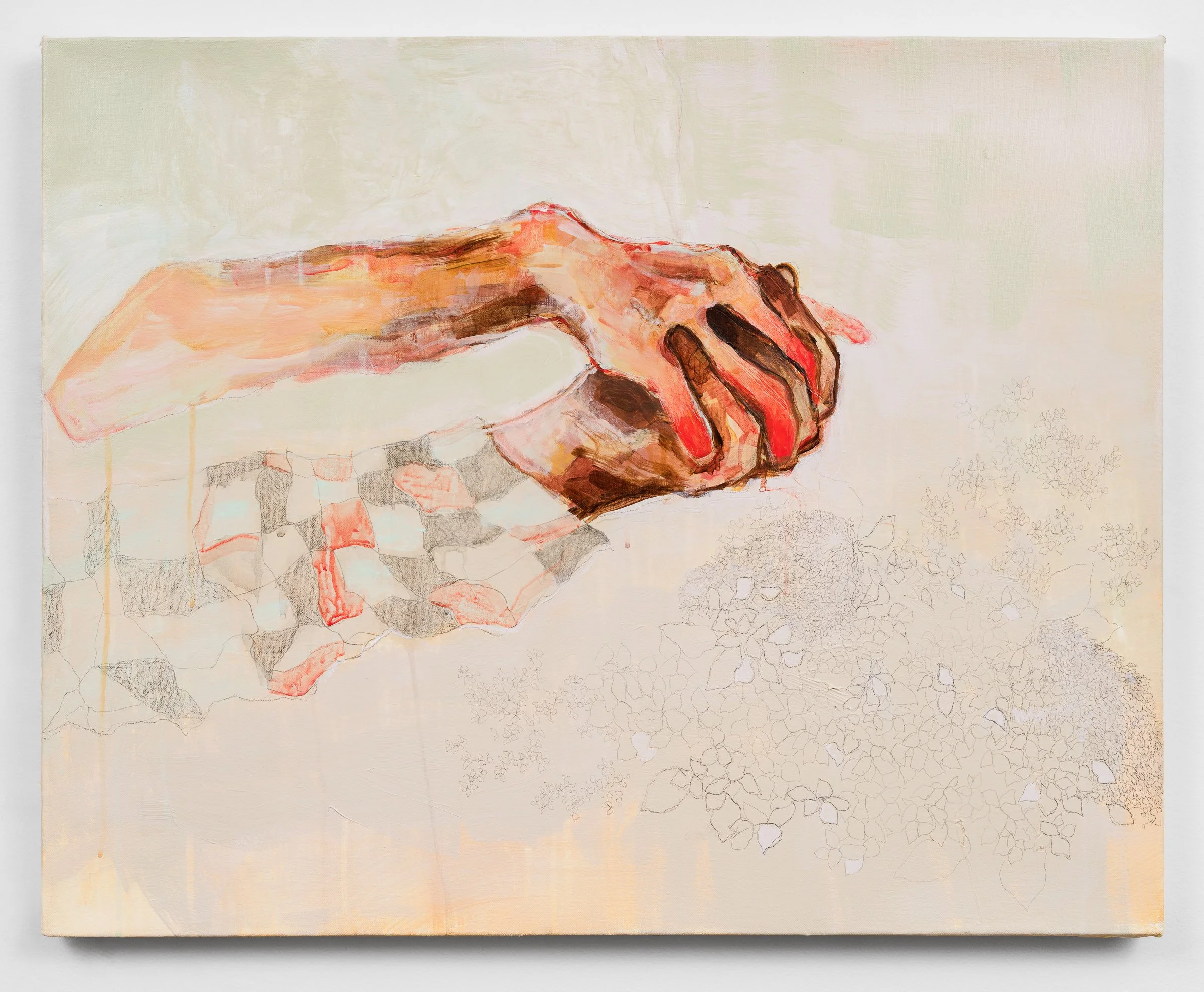 Hands Held Between Brambles, 2022, acrylic and graphite on canvas, 24 x 30 in