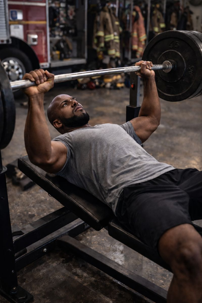 A man lifting weights on a bench press in a fire station gym with firefighting gear hanging in the background.