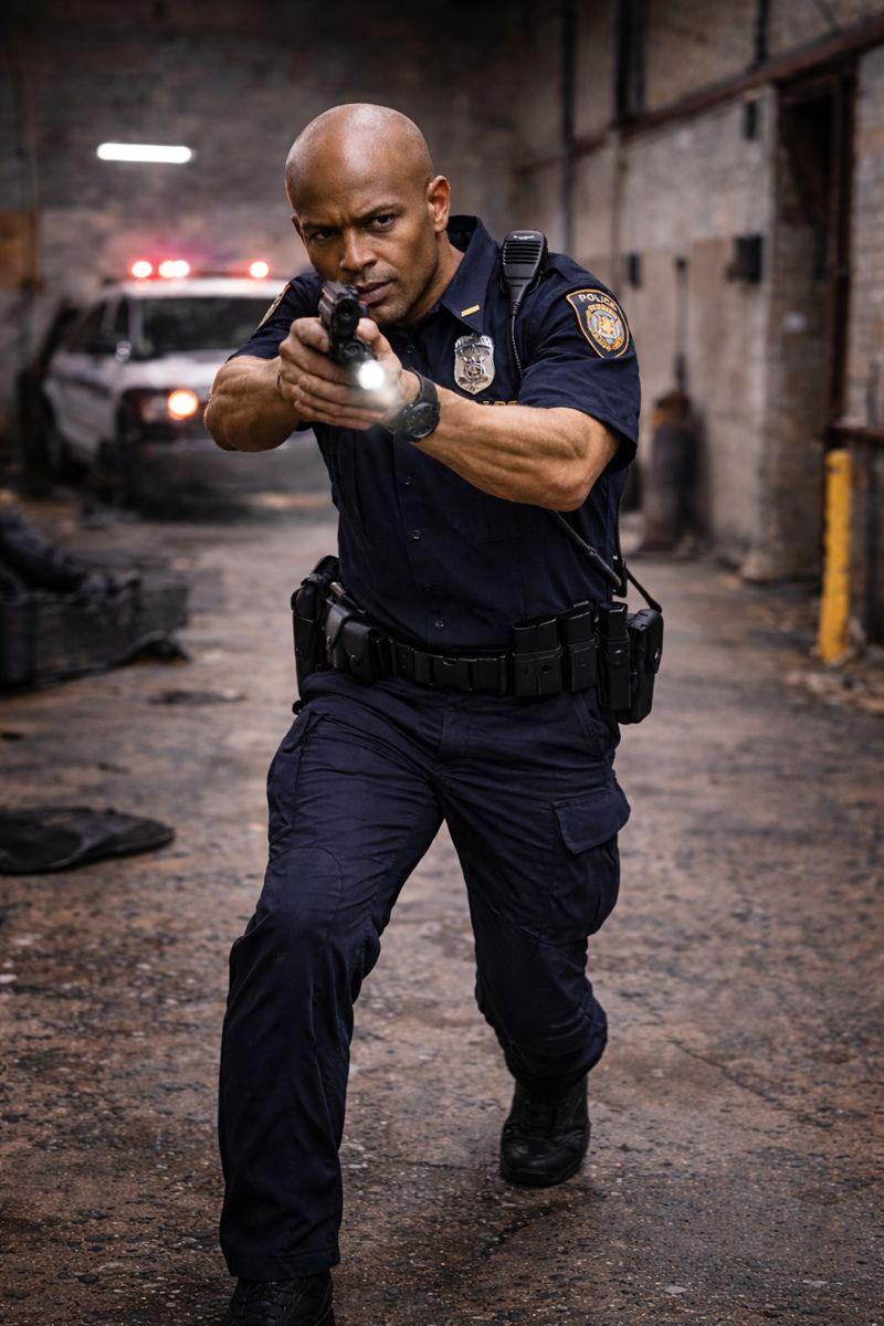 A police officer aiming a gun in a tense stance inside an industrial or warehouse setting, with a police car with flashing lights in the background.