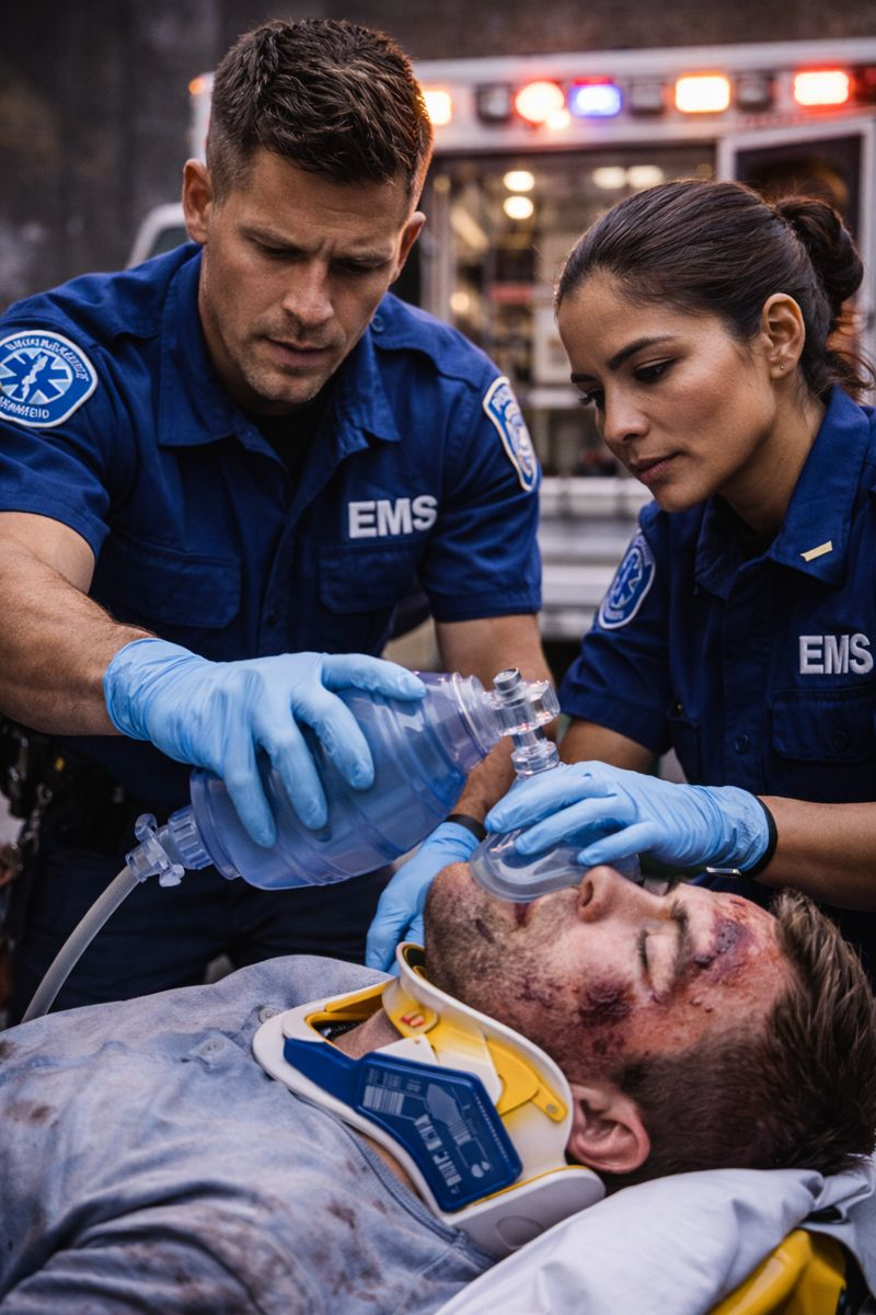 Two emergency medical services personnel assist a wounded man with a head injury, delivering oxygen via a mask in front of an ambulance.