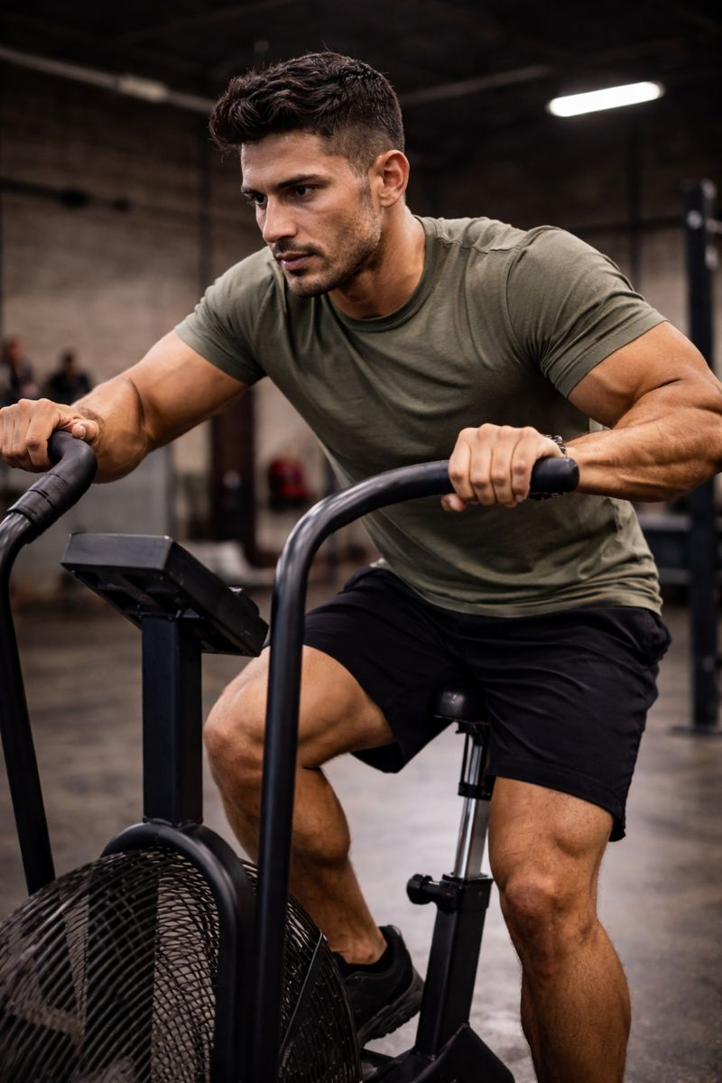 Man in a green t-shirt and black shorts using a fan bike in a gym.