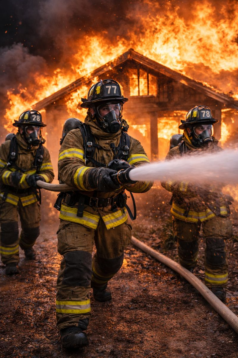 Firefighters combat a house fire, with flames and smoke engulfing the house in the background, while one firefighter in the foreground sprays water from a hose.