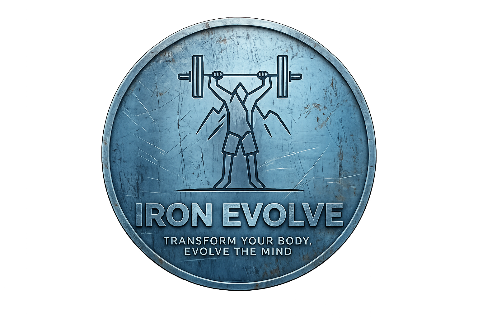 A metallic coin with a stick figure lifting a barbell above its head, the background of the coin has a weathered, scratched appearance. The text on the coin reads 'IRON EVOLVE' and beneath that, 'TRANSFORM YOUR BODY, EVOLVE THE MIND.'