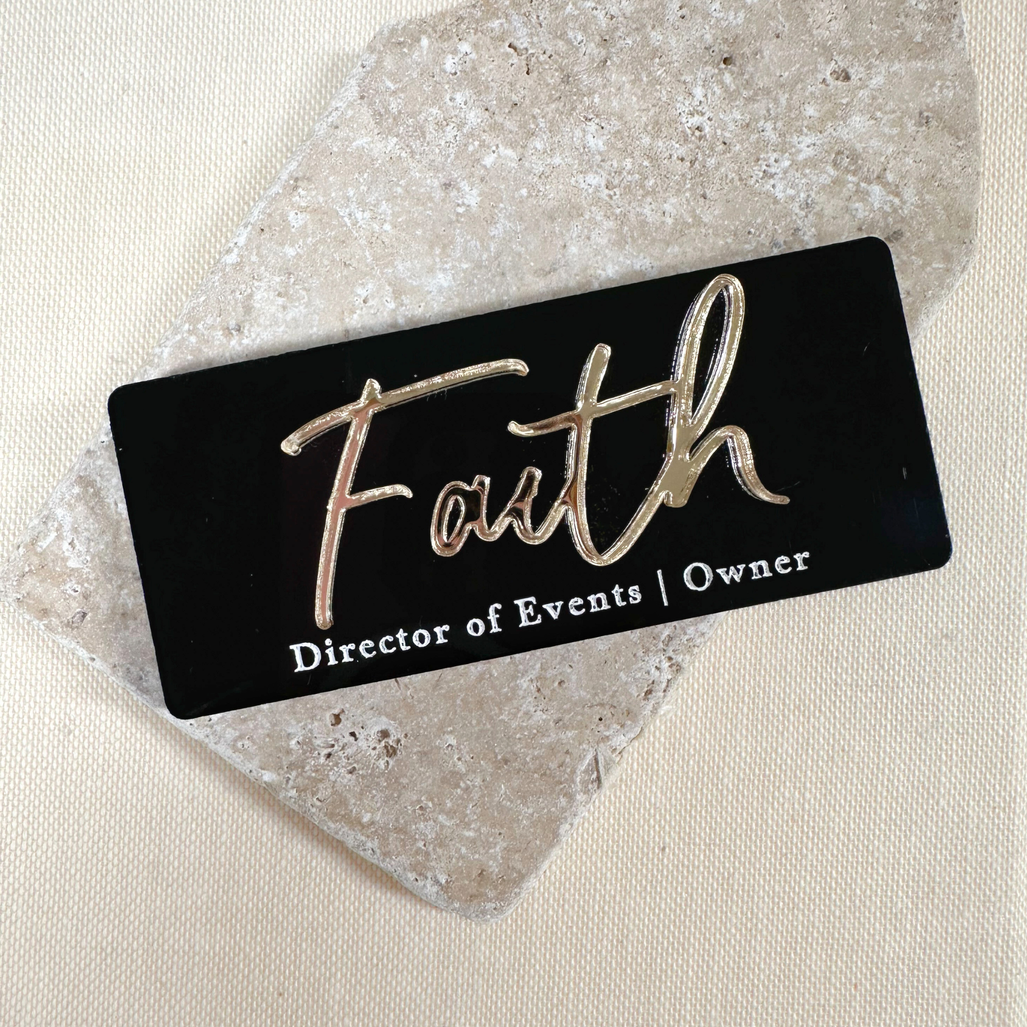 Custom Acrylic Name Tag in Black with Gold Script Name