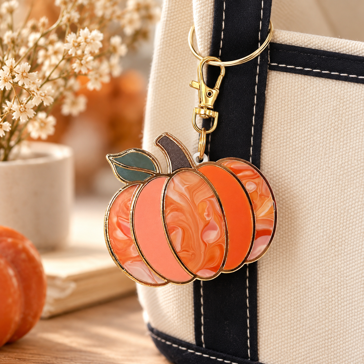 Cozy Autumn Pumpkin Keychain Still Life.png