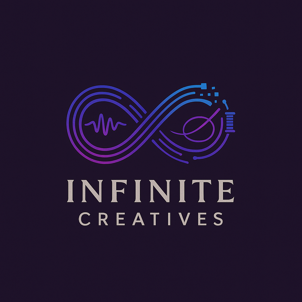 Logo with infinity symbol featuring creative elements, labeled 'Infinite Creatives,' against a dark background.
