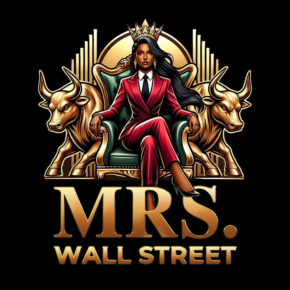 Illustration of a woman in a red suit with a crown, seated on a throne with golden bulls on either side, against a backdrop of stylized financial symbols, with the words 'Mrs. Wall Street' below.
