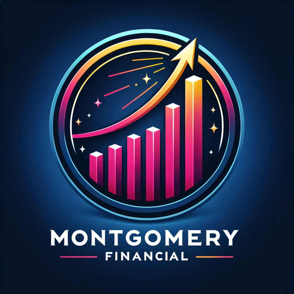 Logo of Montgomery Financial with a colorful bar graph and rising arrow, symbolizing growth and success, on a dark blue background.