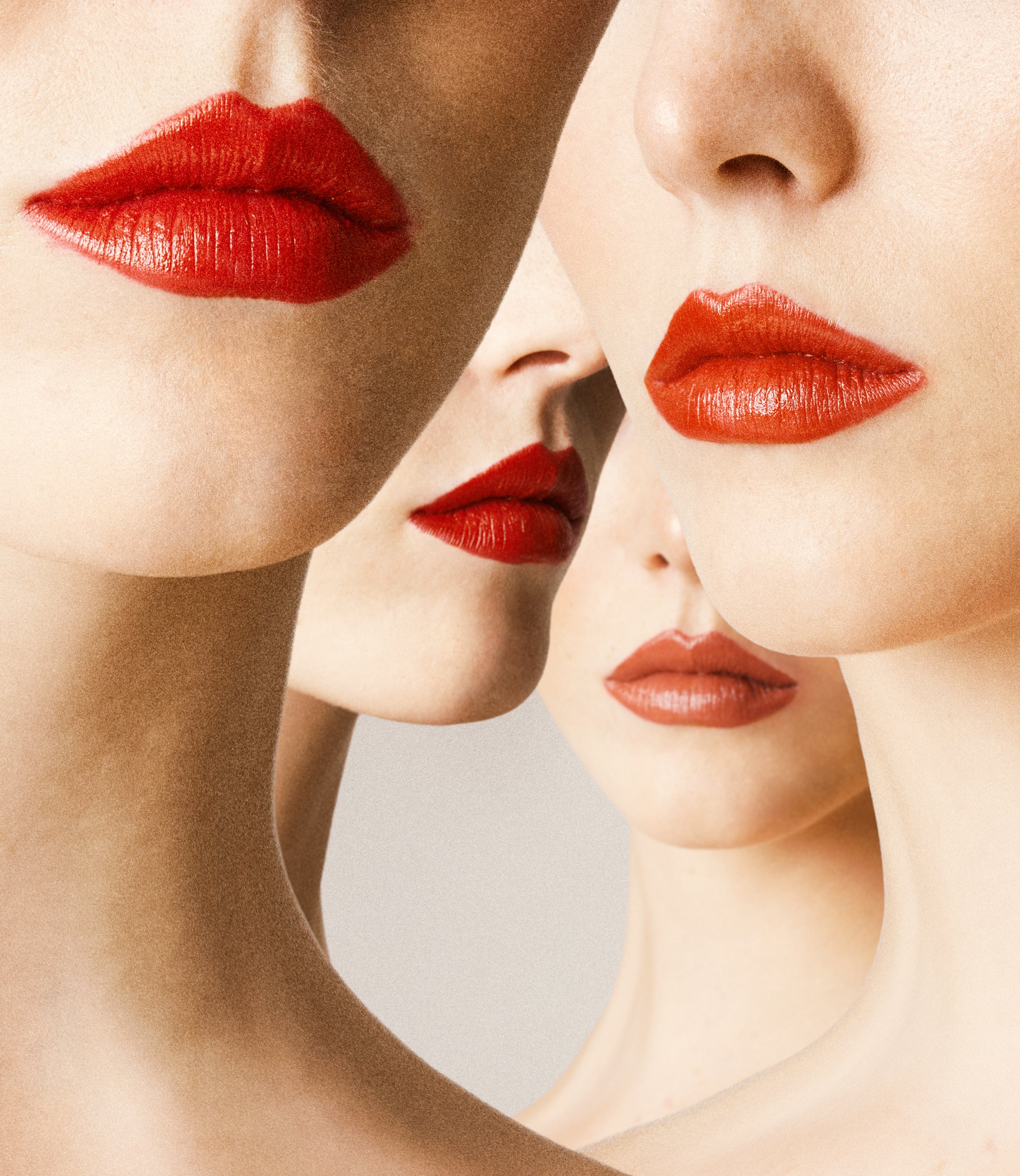Close-up of women's faces with bold red lipstick, showing lips and a part of noses, in a minimalist artistic style.