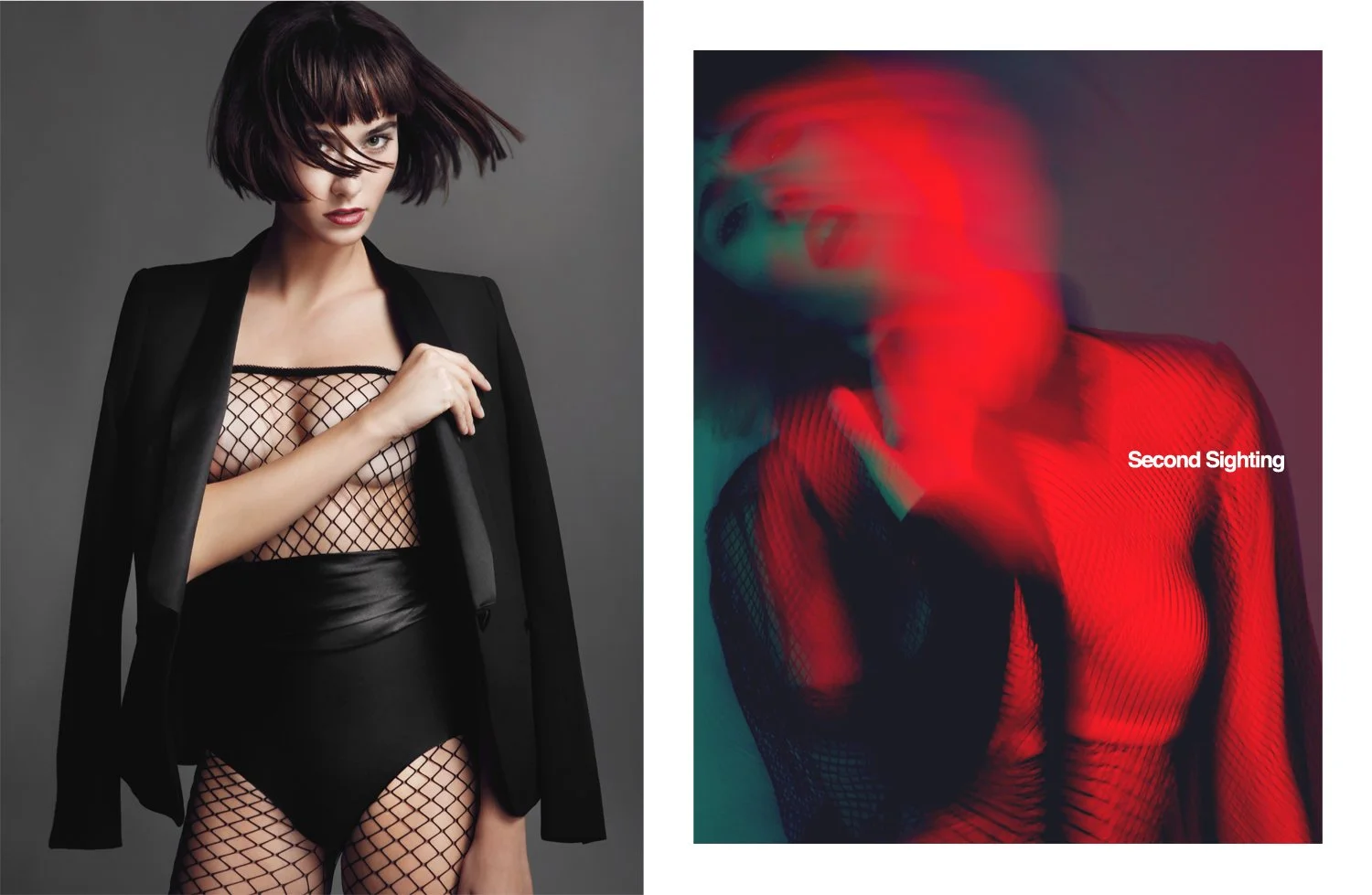 A woman with short dark hair, wearing fishnet clothing under a black blazer, is posing against a gray background. Next to her, a blurry, colorful image of the same woman with the text "Second Sighting" overlays her face and upper body.