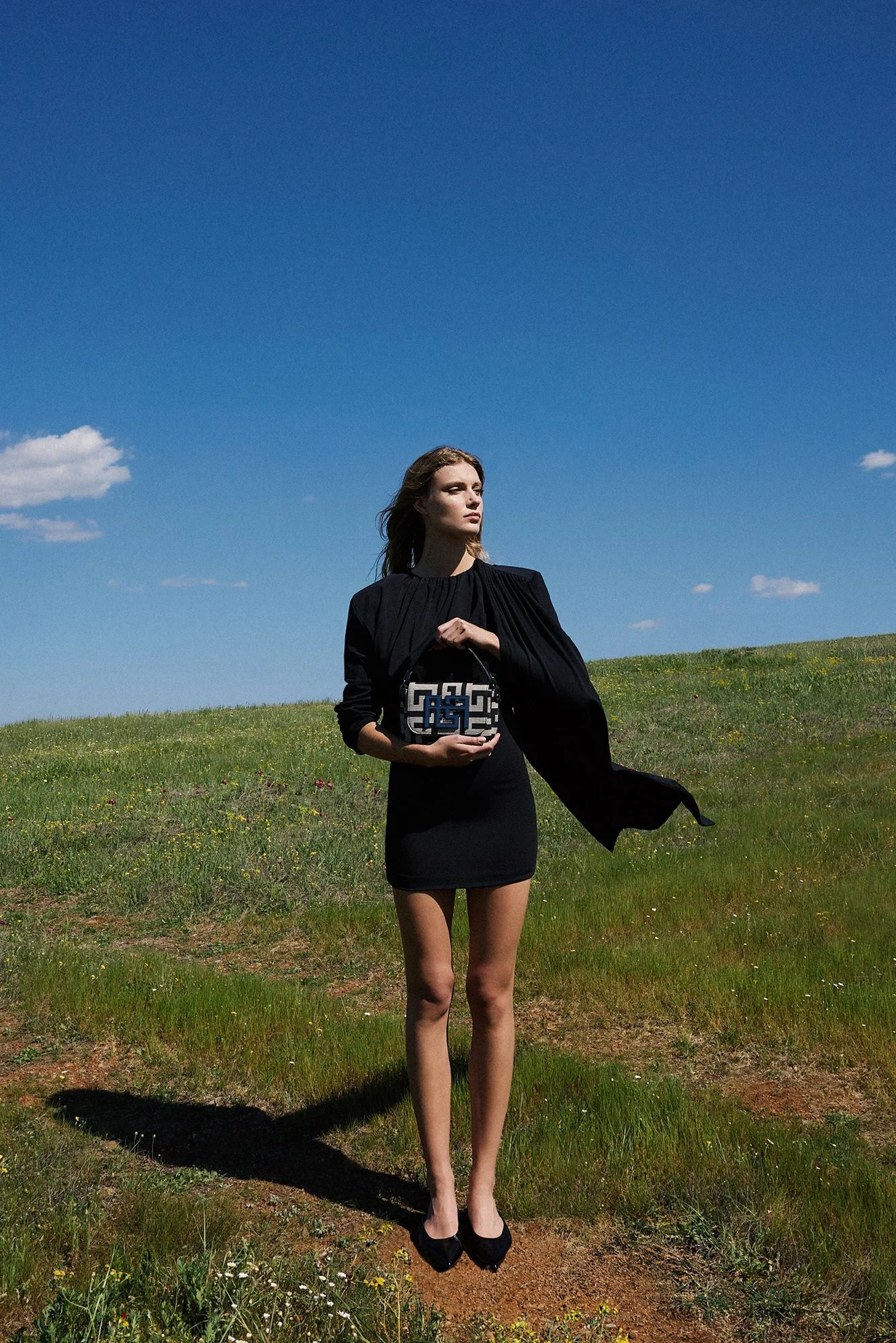 A woman with long hair in a black dress holding a black and white handbag stands in a grassy field under a blue sky with a few clouds.