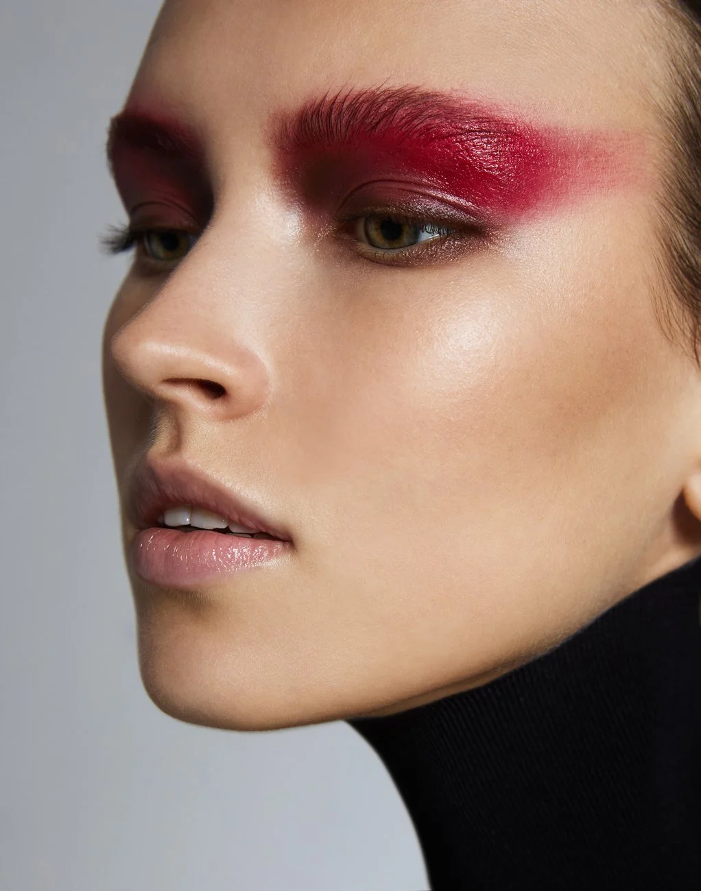 Close-up of a woman with pink eyeshadow, smooth skin, and light lipstick, wearing a black turtleneck.