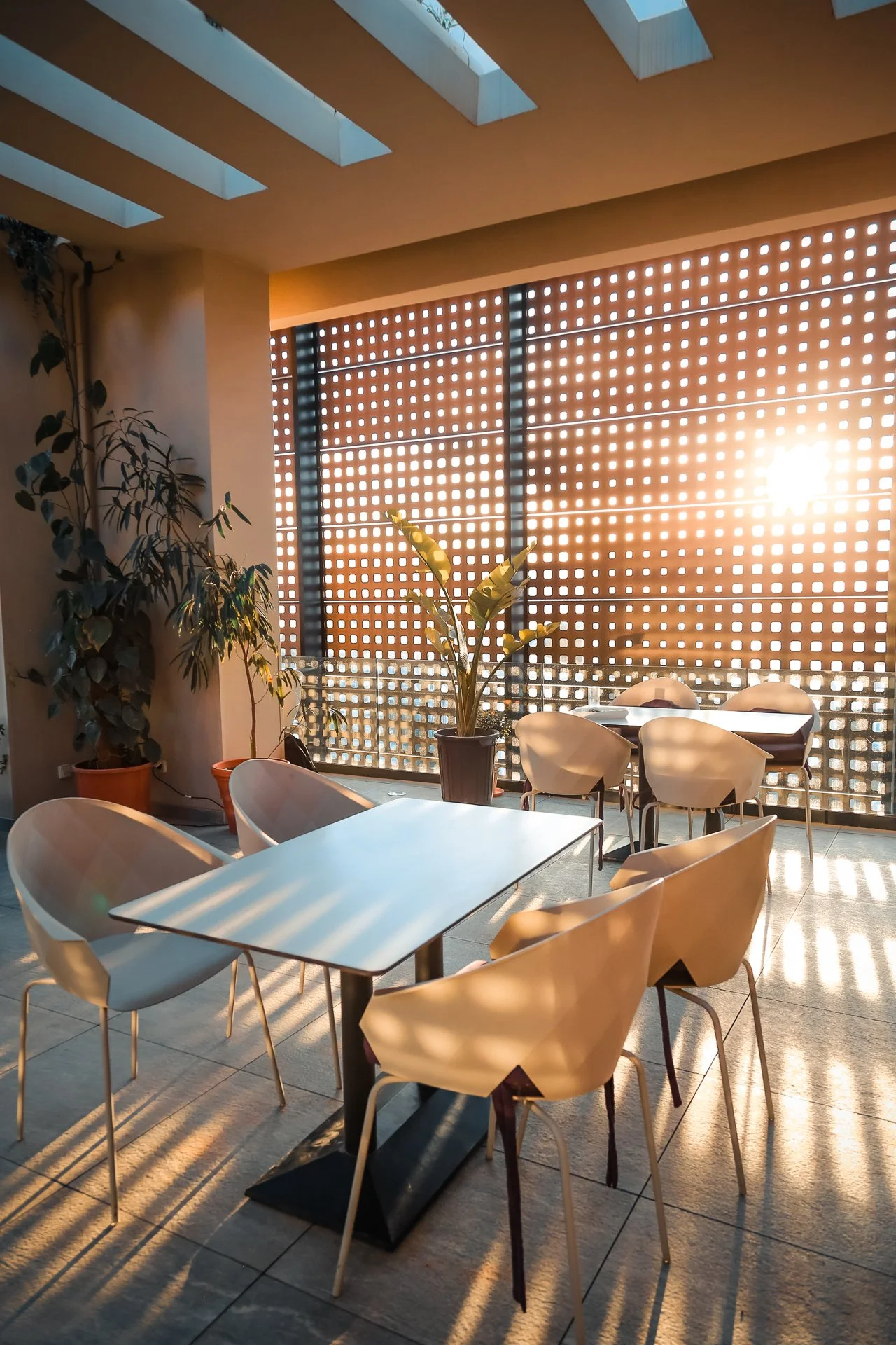 Une salle à manger ou un espace de restauration avec des tables et des chaises blanches, des plantes en pot et une grande cloison en brique perforée laissant passer la lumière du soleil.