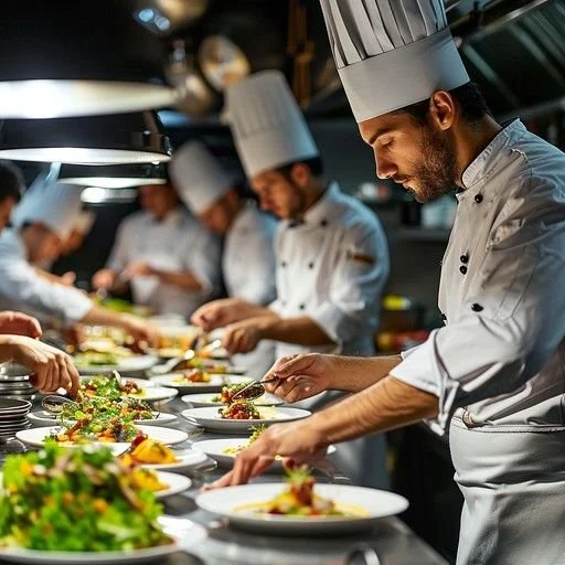 Des chefs en uniformes préparant des plats dans une cuisine professionnelle.